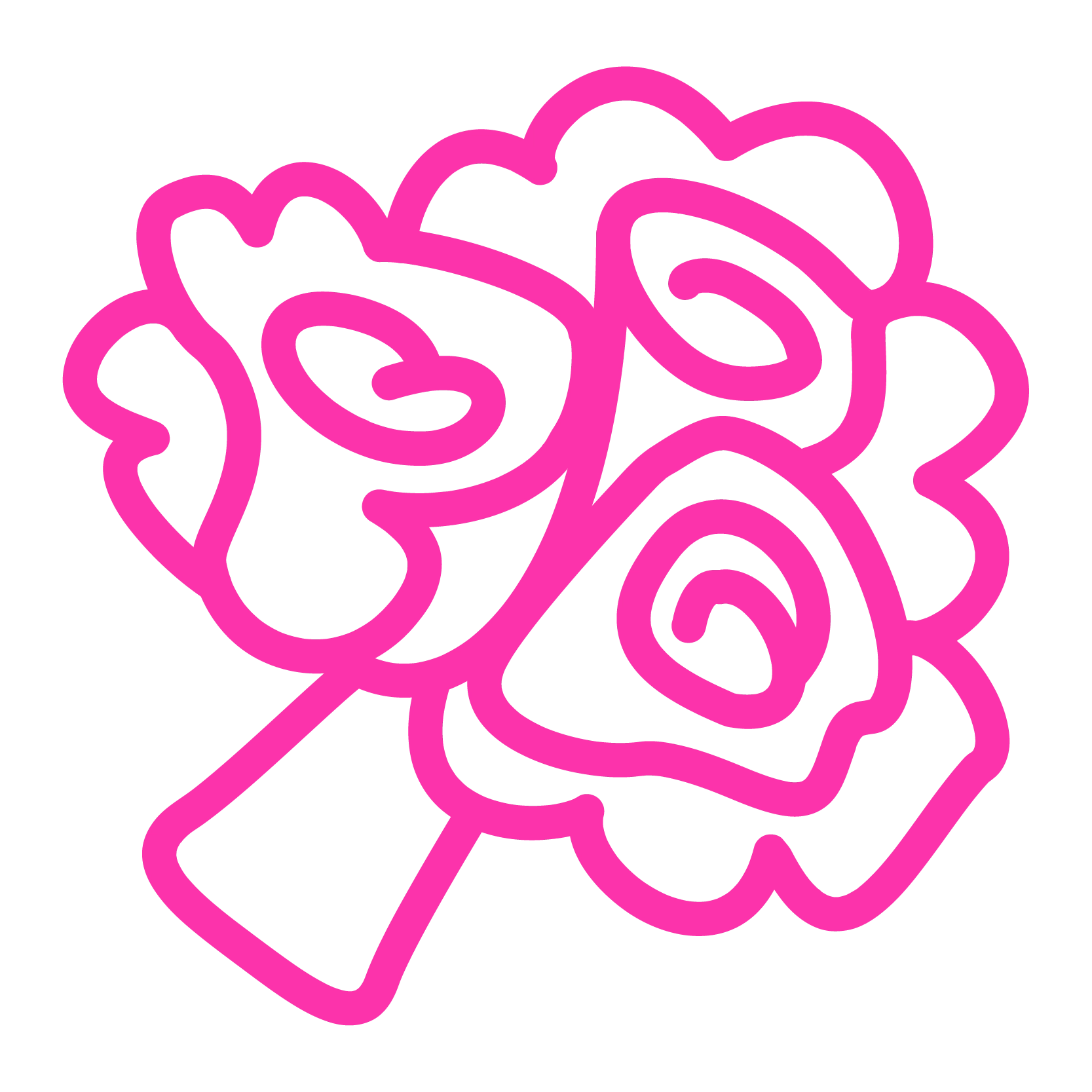 A simple, pink line art illustration of a bouquet of flowers.