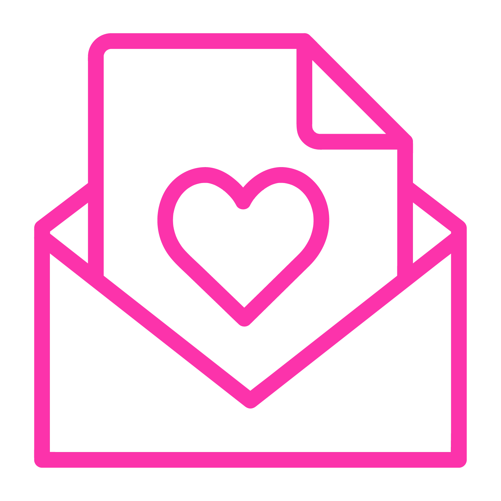 Icon of an open envelope containing a letter with a heart symbol, outlined in pink.