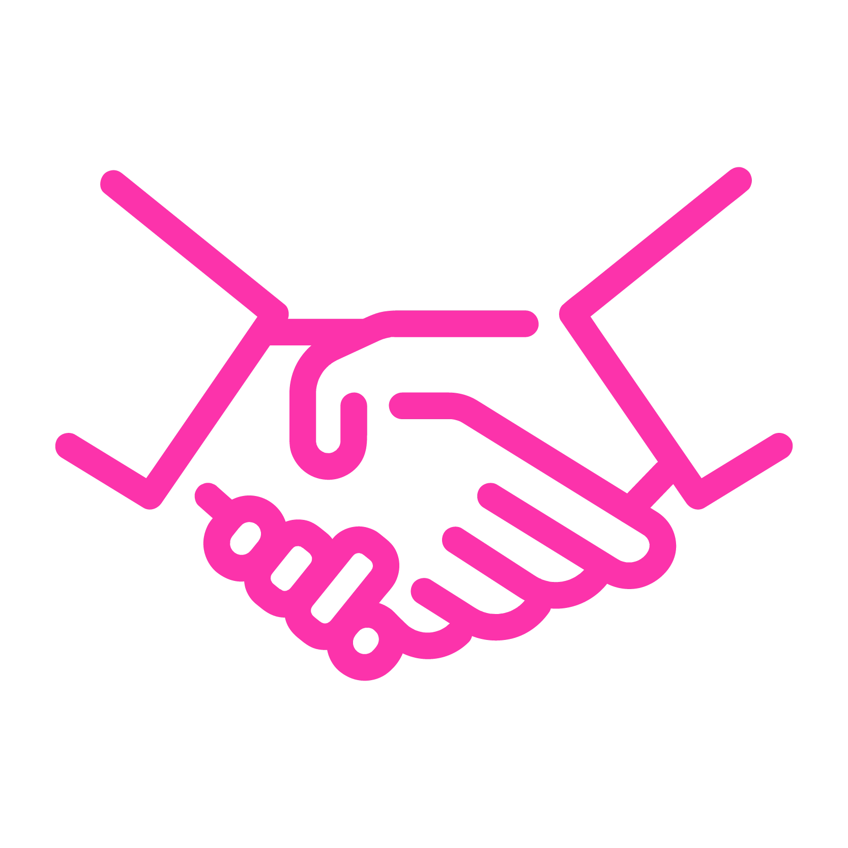 A pink line drawing of two hands shaking, symbolizing the trust and commitment between a couple and their full-service wedding planner.